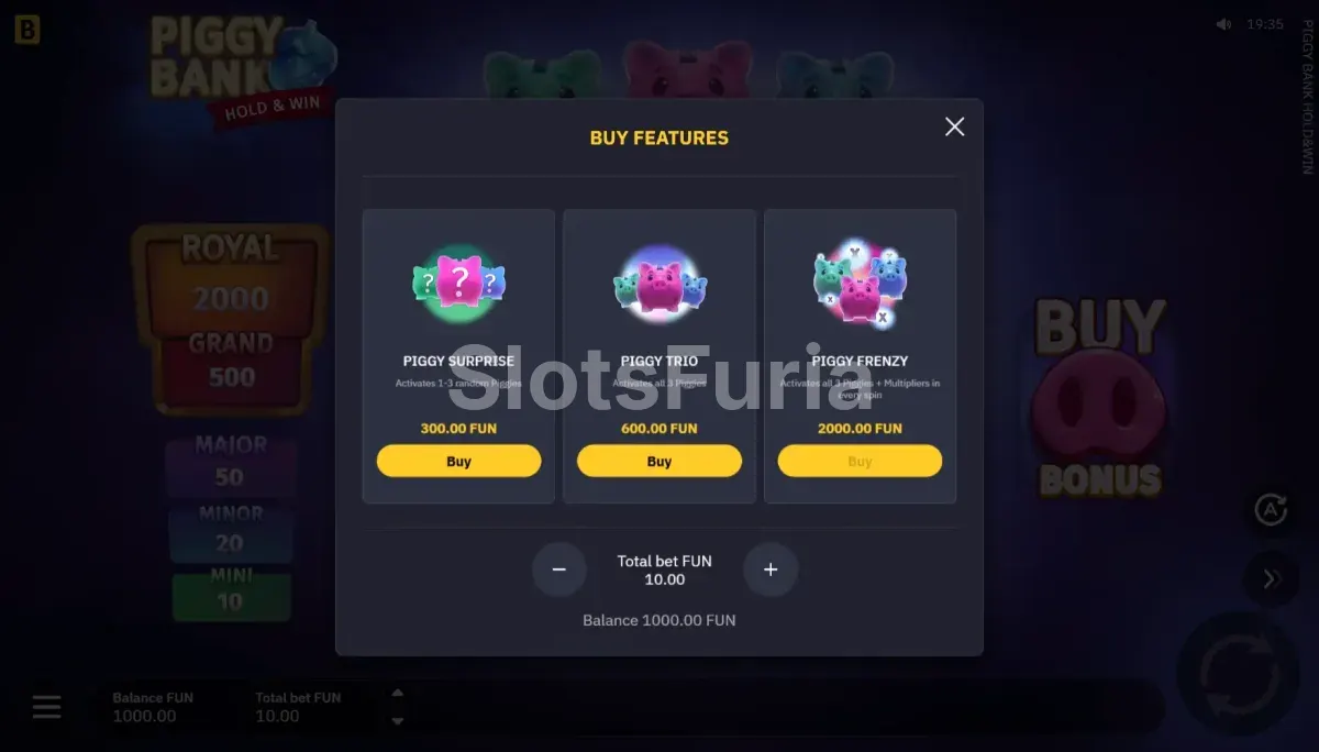 Pantalla de compra de bonus en Piggy Bank Hold & Win con opciones disponibles