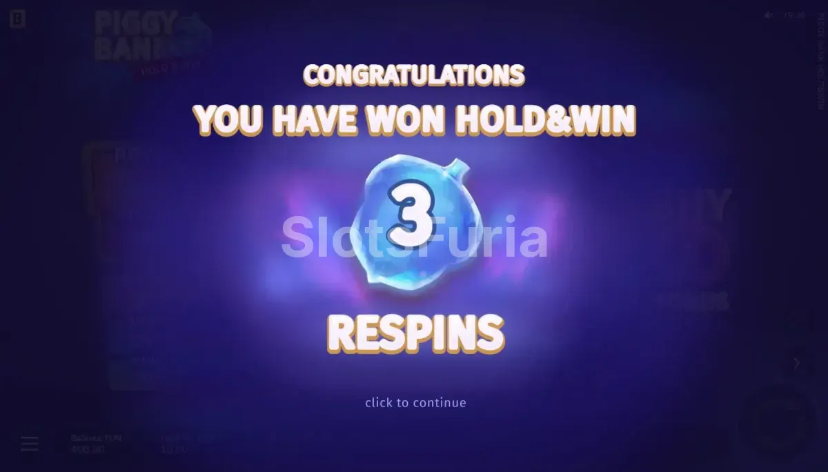 Ronda de giros gratuitos en Piggy Bank Hold & Win activada en pantalla