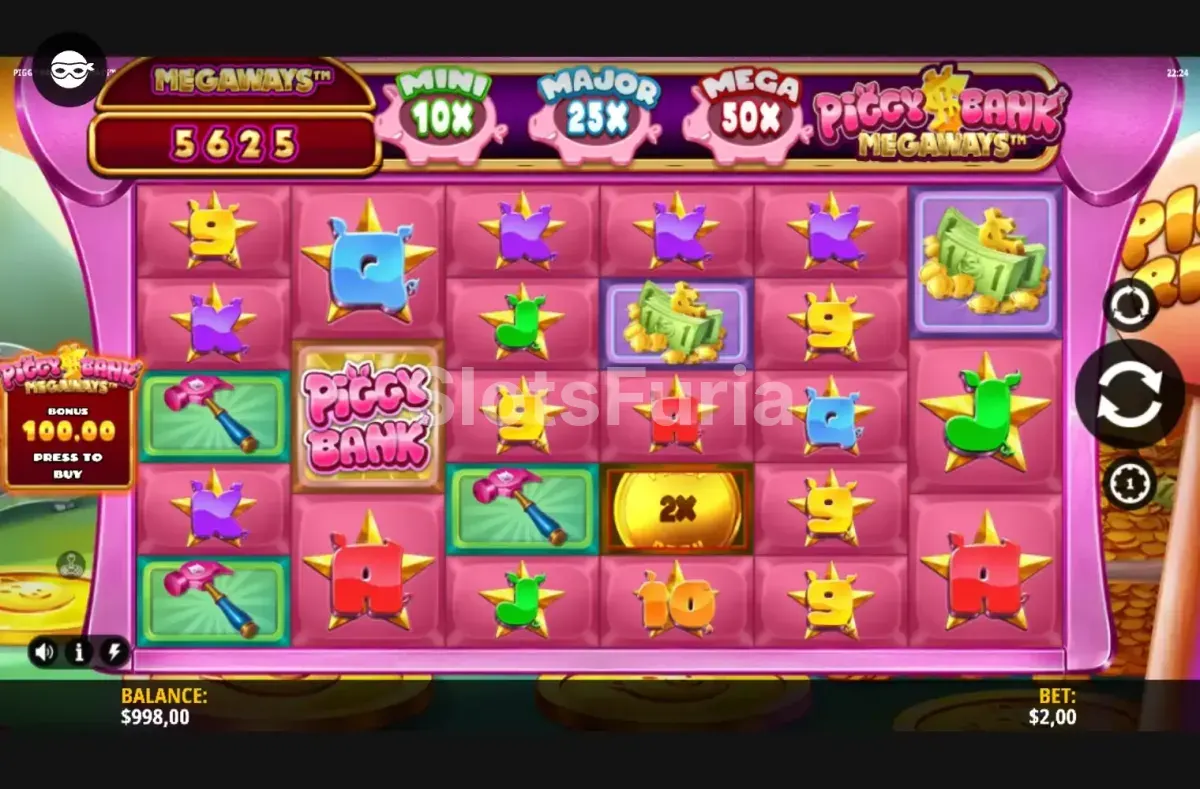 Juego base de Piggy Bank Megaways con los seis rodillos activos