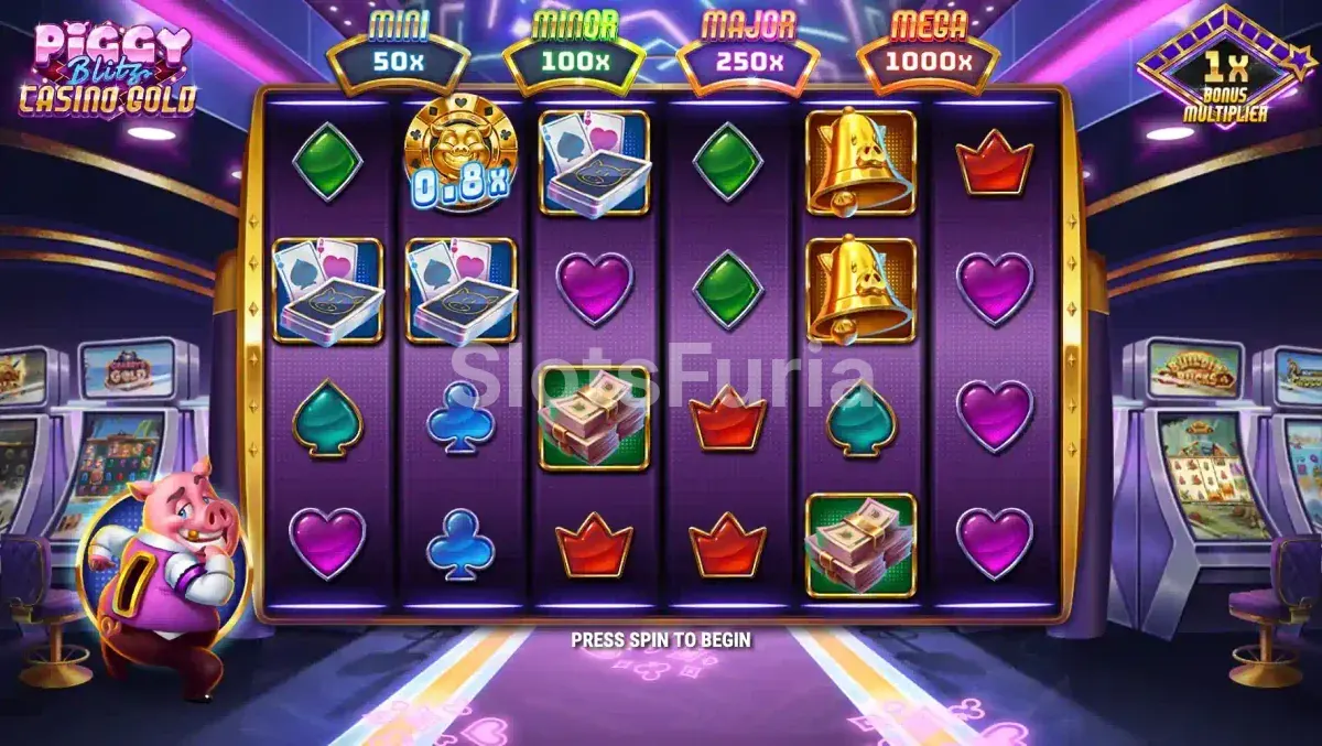 Partida base en Piggy Blitz Casino Gold con la ambientación de casino neón