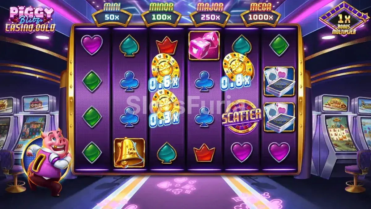 Símbolos premium y monedas en Piggy Blitz Casino Gold durante la base game