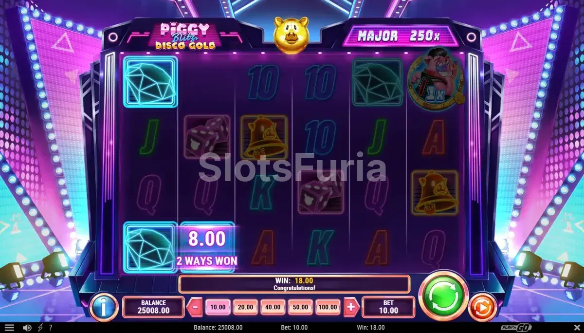Resultado de giro con Cash Coins activas en Piggy Blitz Disco Gold