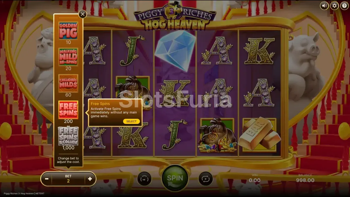 Menú Elevate de compra de bonos en Piggy Riches 3 Hog Heaven