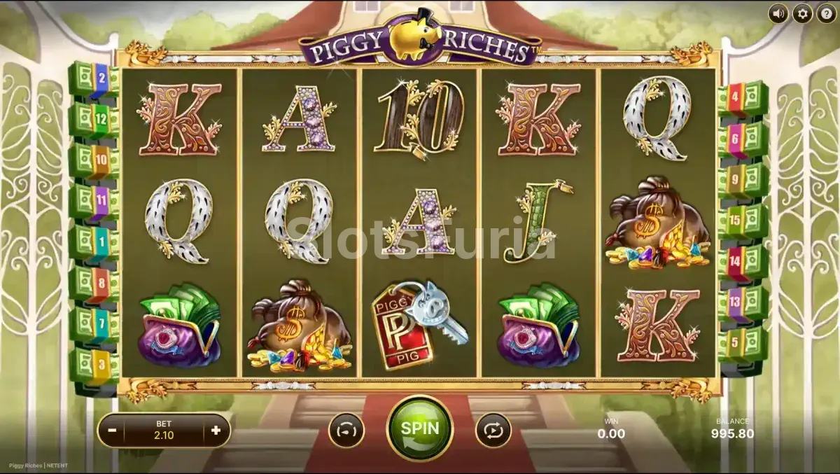 Segunda pantalla de juego base de Piggy Riches mostrando los rodillos activos