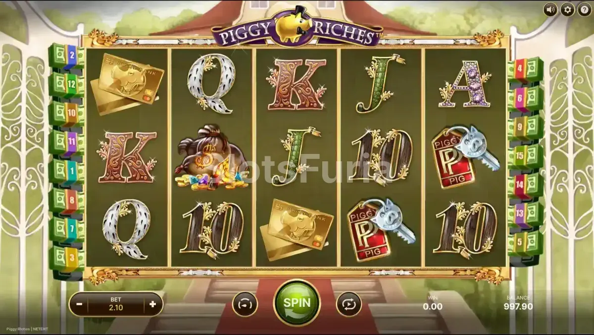 Pantalla principal de Piggy Riches con los símbolos en acción