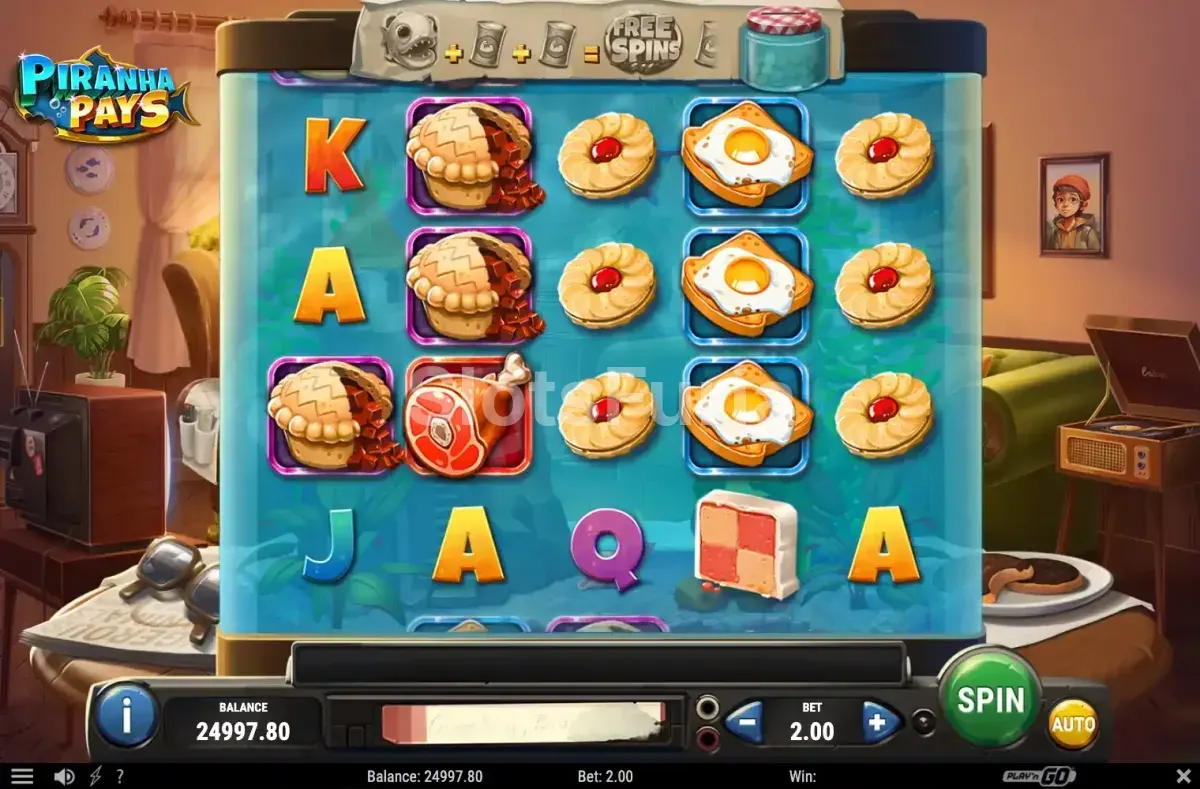 Juego base con piraña wild en acción en Piranha Pays