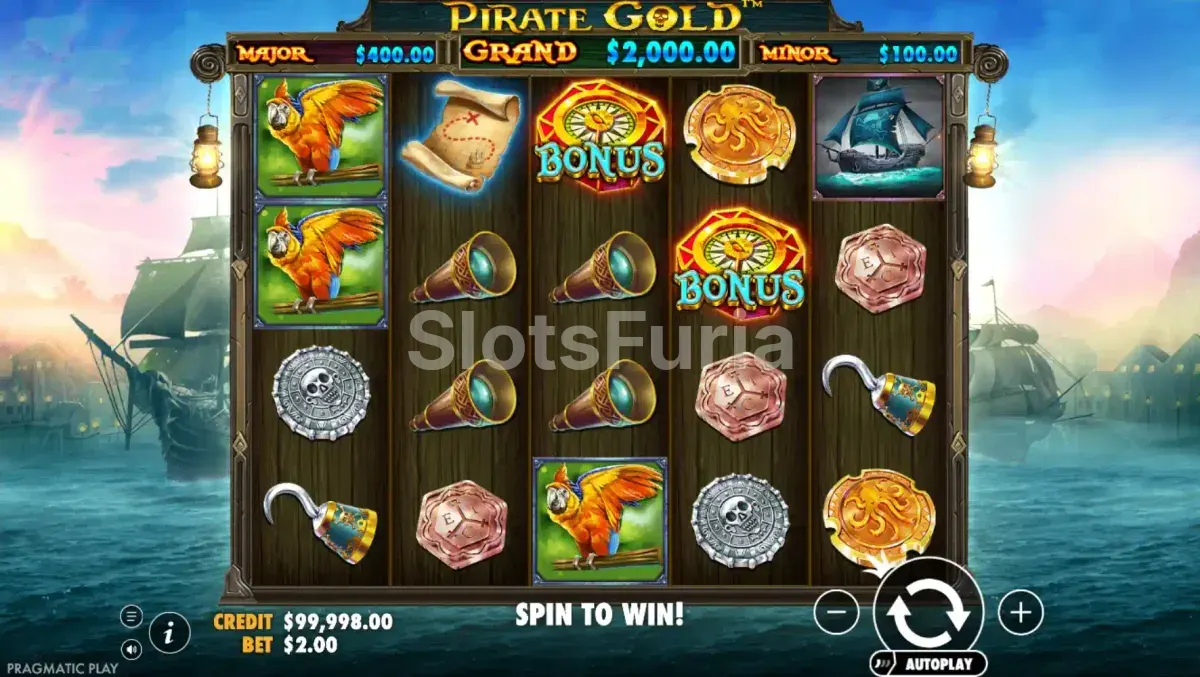 Pantalla principal de la tragamonedas Pirate Gold con los cinco carretes en acción