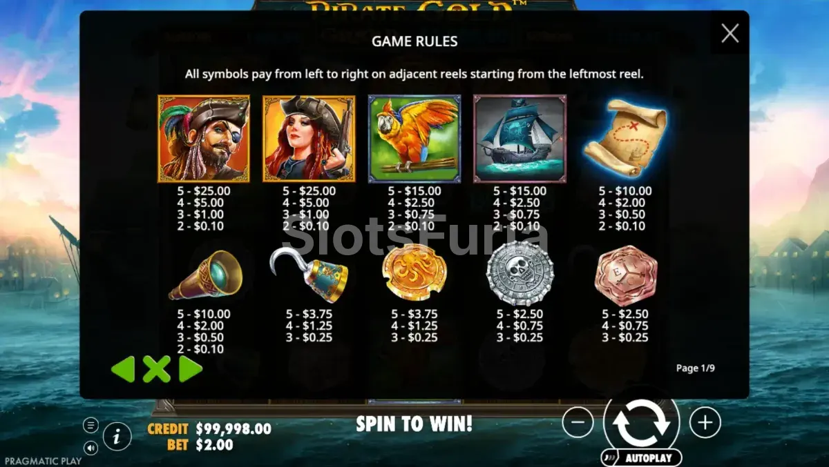 Tabla de pagos completa de Pirate Gold con los valores de cada símbolo