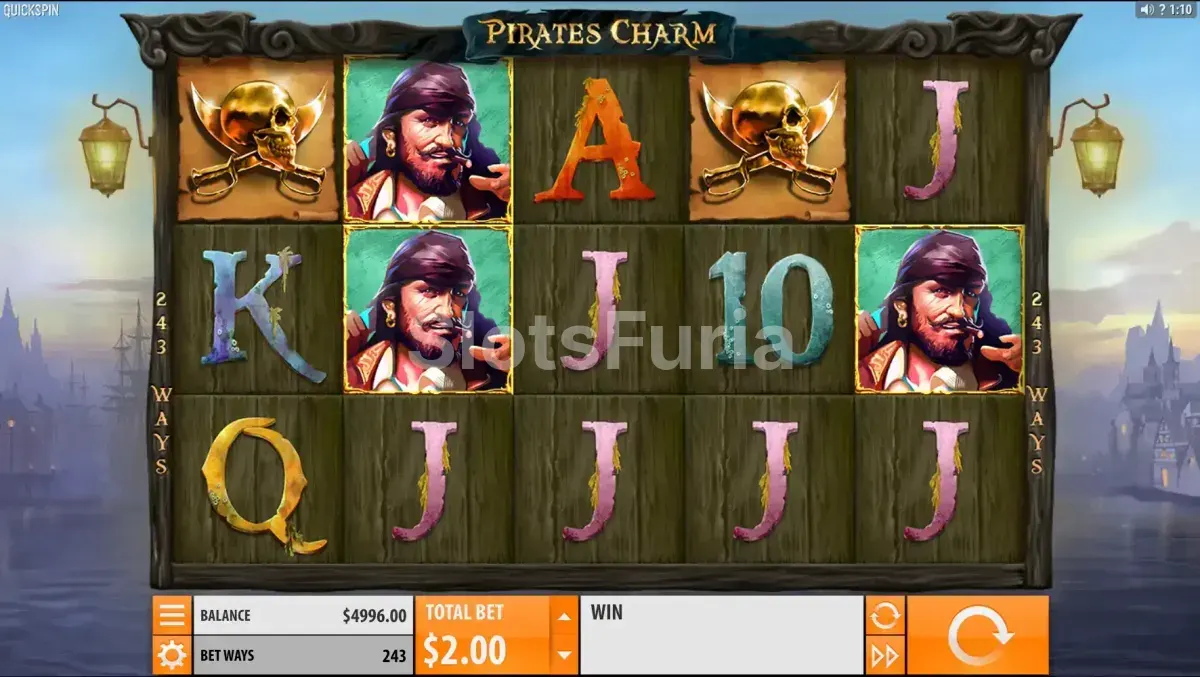 Segunda vista del juego base de Pirate's Charm con símbolos en acción