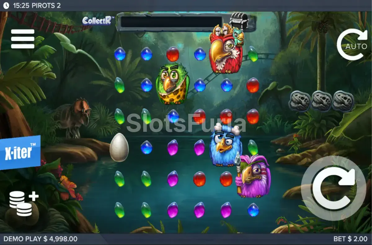 Grilla del juego base de Pirots 2 con las cuatro aves