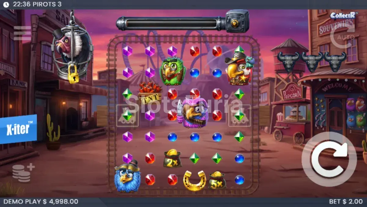 Juego base de Pirots 3 con los cuatro loros sobre la cuadrícula