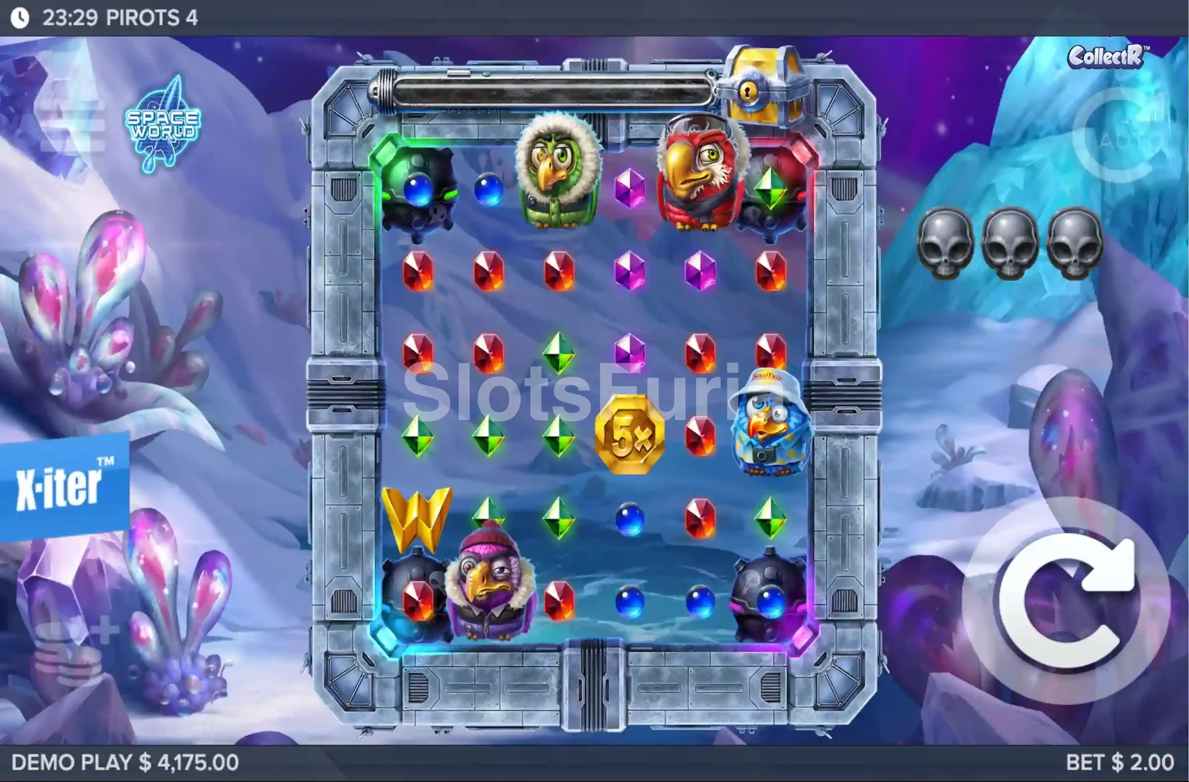 Juego base de Pirots 4 con los cuatro pájaros sobre la cuadrícula