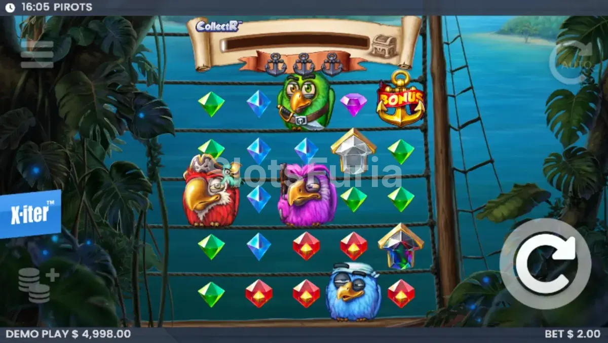 Juego base de Pirots con los cuatro loros sobre la grilla de 5x5