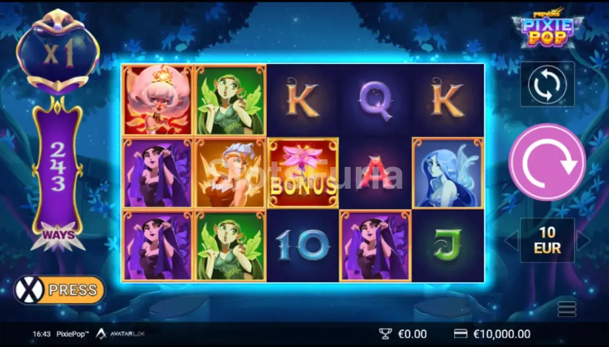 Pantalla principal del juego base en PixiePop con sus cinco rodillos