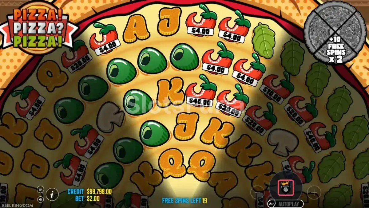 Ronda de giros gratis activa en Pizza Pizza Pizza con símbolos monetarios