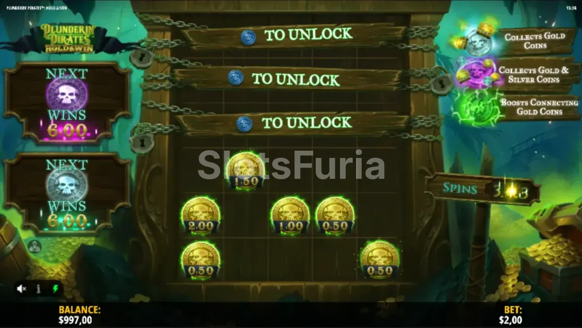 Ronda de giros gratis activa en Plunderin' Pirates Hold & Win