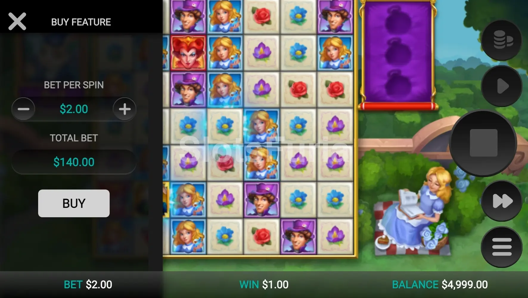 Función de compra de bonus en Plunderland con precio y detalles