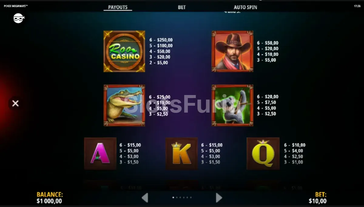 Tabla de pagos y símbolos de Pokie Megaways