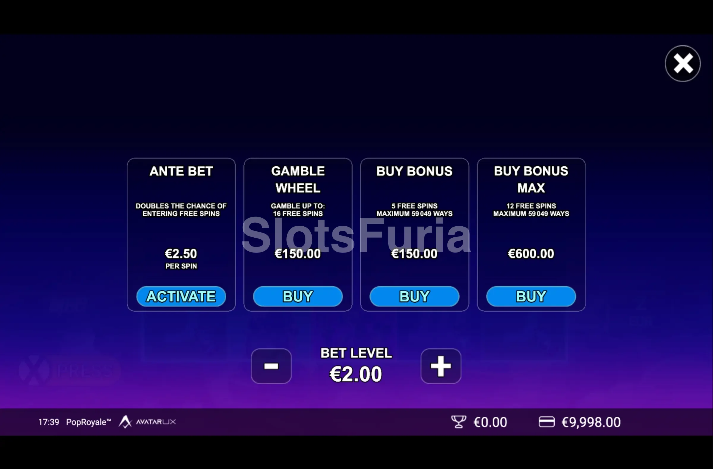 Pantalla de compra de bonus en POP Royale con las opciones disponibles