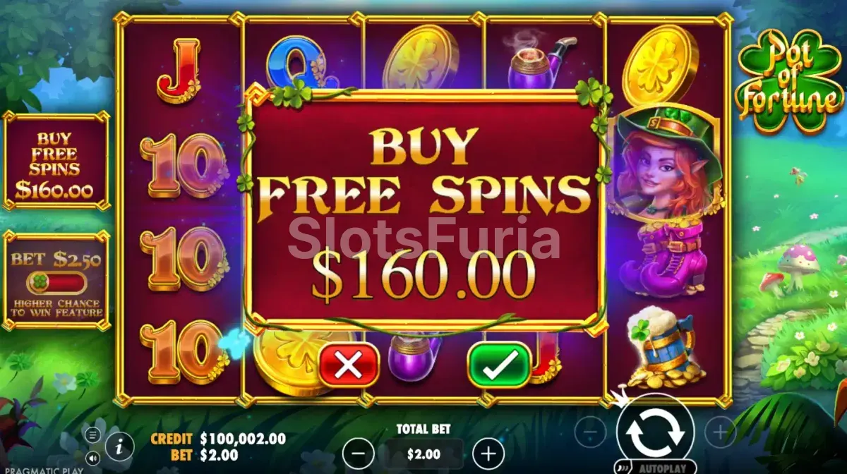 Pantalla de compra de bonus en Pot of Fortune de Pragmatic Play