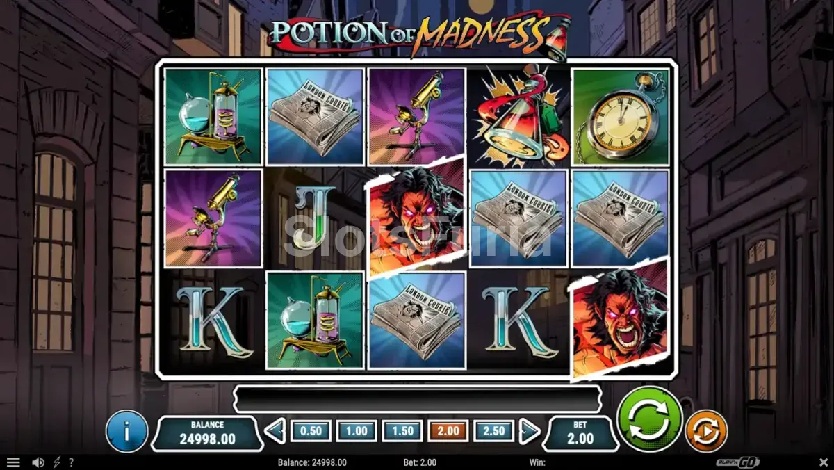 Pantalla principal del juego Potion of Madness con el laboratorio de fondo