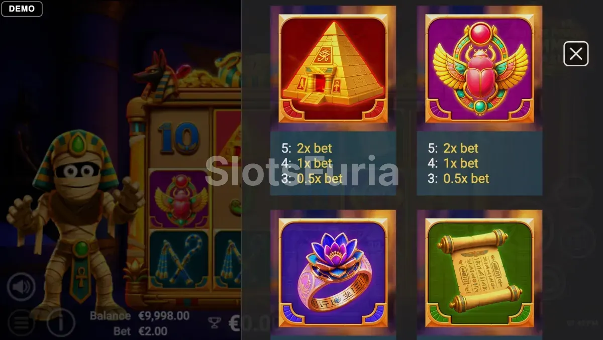 Tabla de pagos de Pots of Power Mummys Treasure con símbolos egipcios