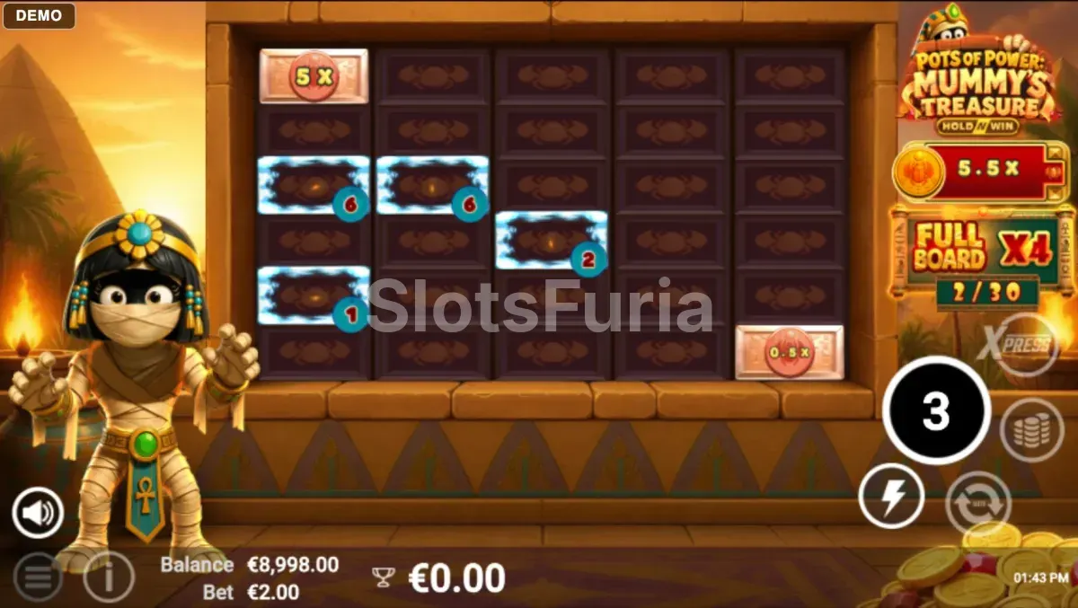 Función Hold and Win con Power Frames en Pots of Power Mummys Treasure