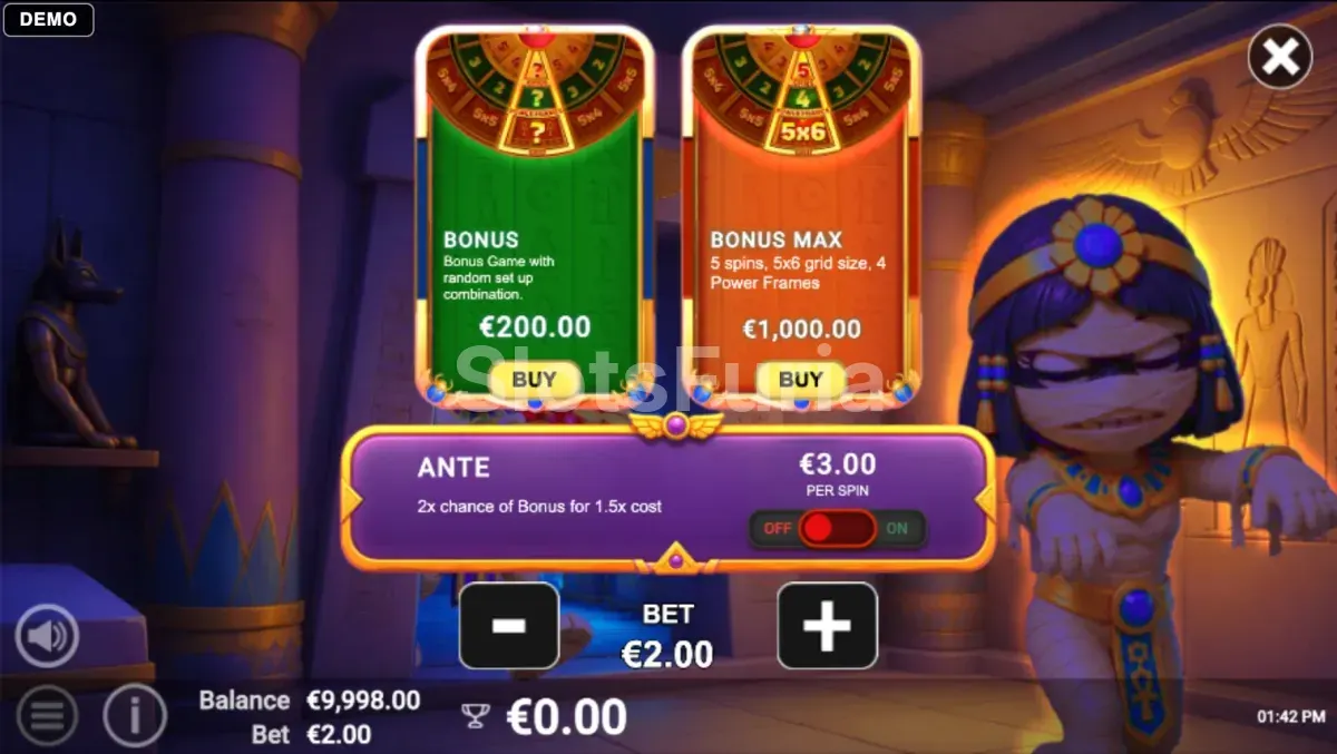 Pantalla de compra de bonus de Pots of Power Mummys Treasure con las opciones de 100x y 500x