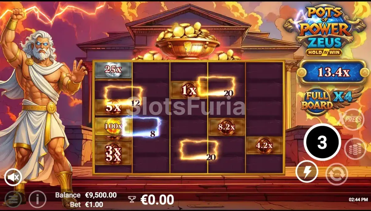 Ronda de giros gratuitos de Pots of Power Zeus con multiplicadores activos