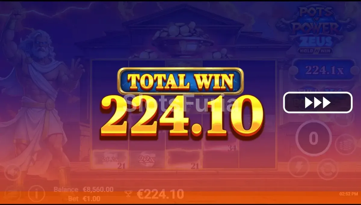 Resultado de bonus en Pots of Power Zeus mostrando una gran victoria