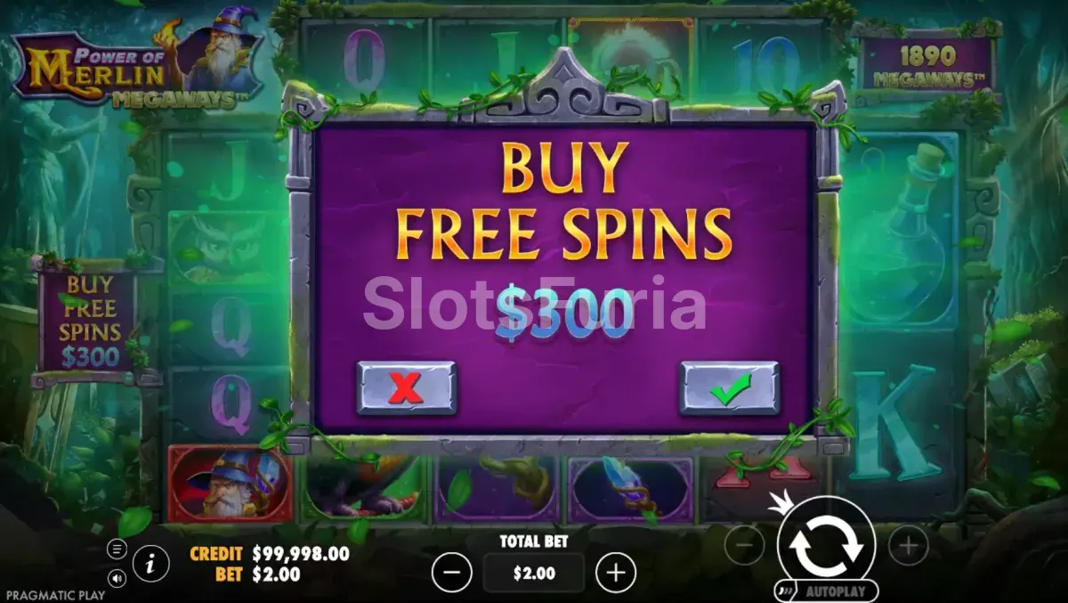 Pantalla de compra de bonus en Power of Merlin Megaways de Pragmatic Play
