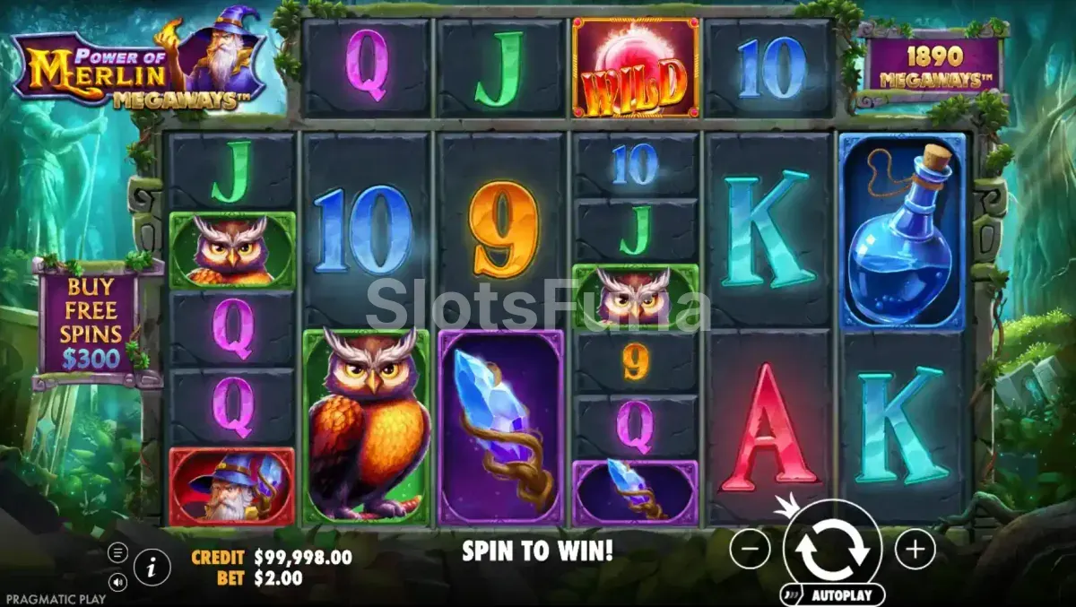 Juego base de Power of Merlin Megaways en un bosque mágico y ancestral