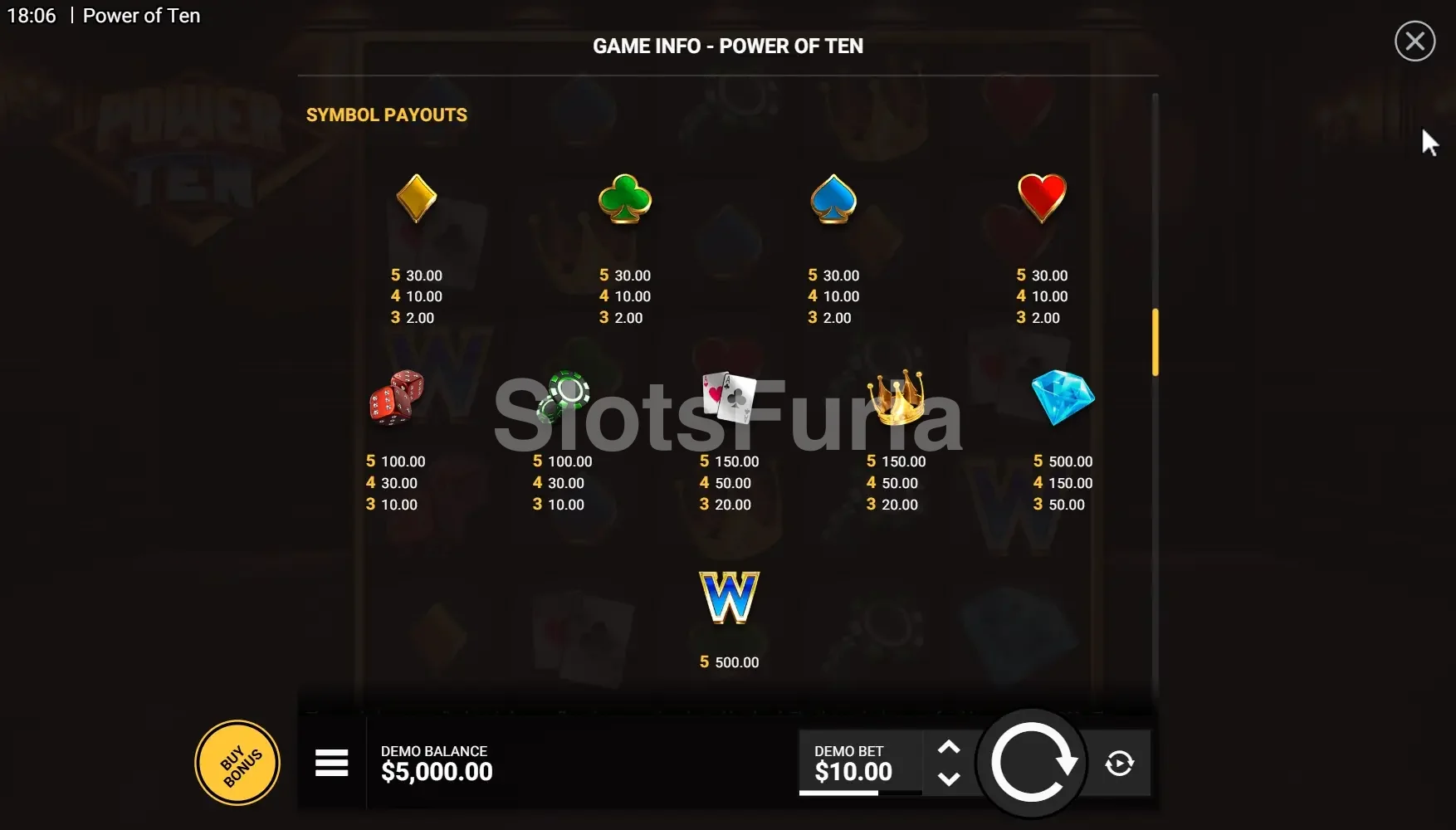 Tabla de pagos detallada de Power of Ten Hacksaw Gaming
