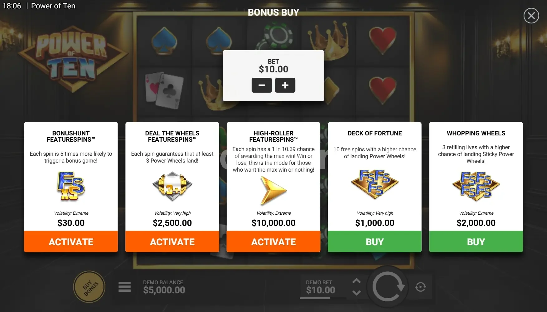 Función de compra de bonus en Power of Ten de Hacksaw Gaming
