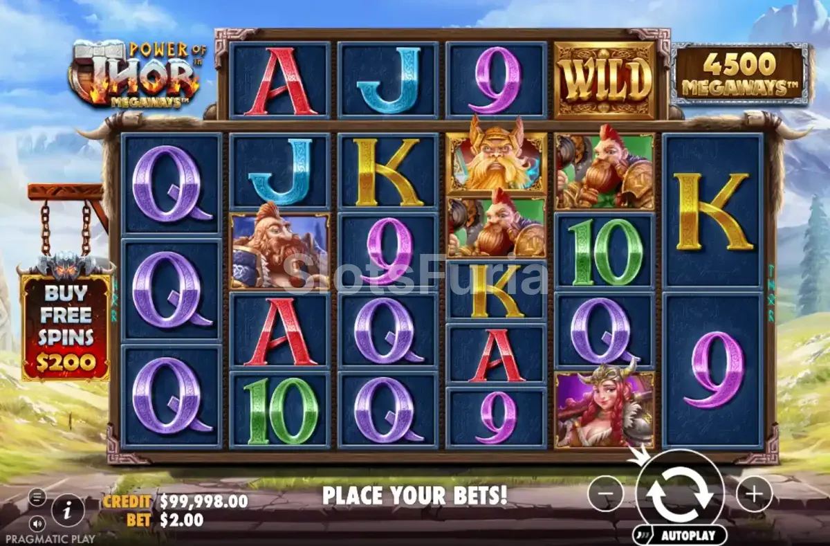 Pantalla principal del juego base en Power of Thor Megaways