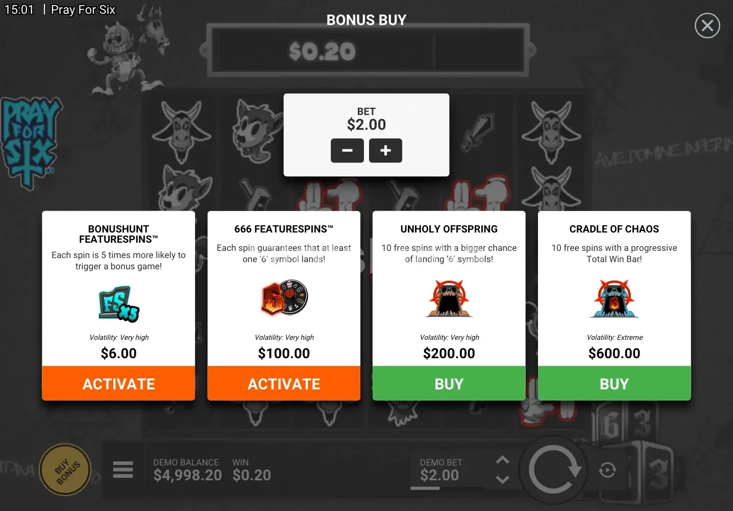 Menú de compra de bonos en Pray for Six