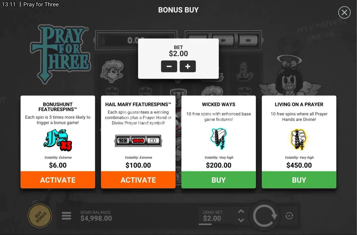 Menú de compra de bonos de Pray For Three con las diferentes opciones disponibles