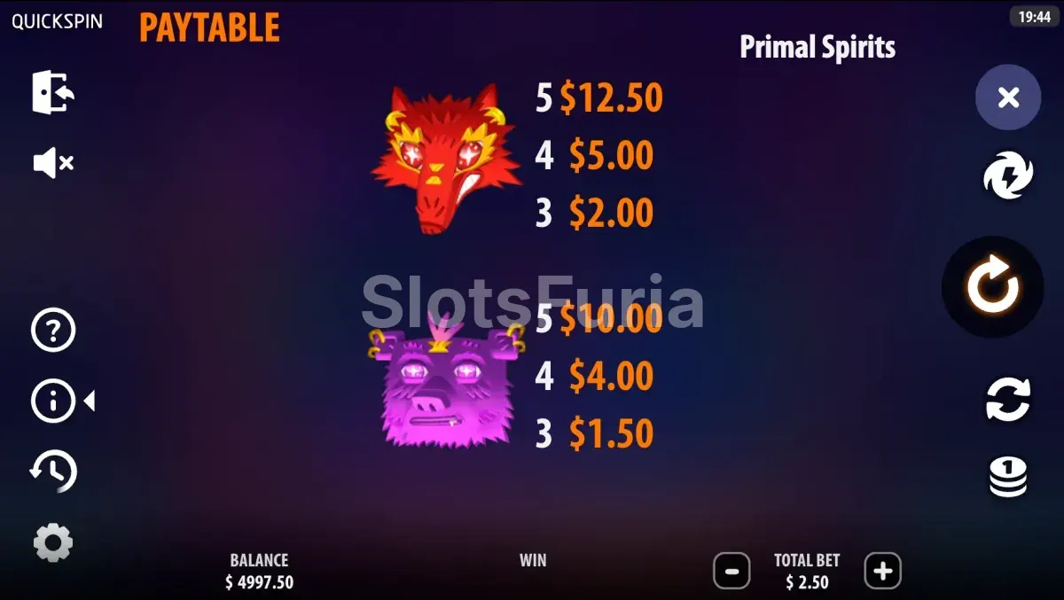 Tabla de pagos de Primal Spirits con los símbolos de animales espirituales y gemas