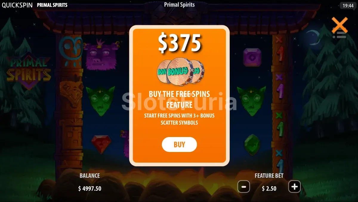 Pantalla de compra de bonos de Primal Spirits con el coste de 150x la apuesta