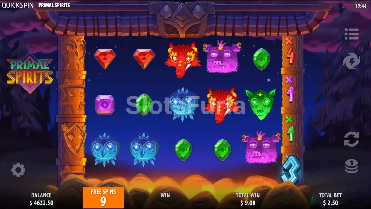 Ronda de giros gratis de Primal Spirits con multiplicadores activos en los totems