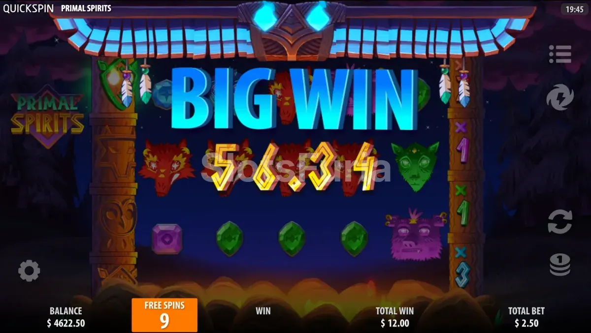 Gran victoria en Primal Spirits con multiplicadores y cascadas activas
