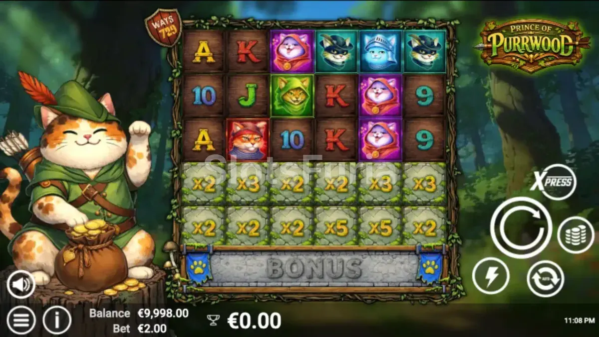Pantalla principal del juego Prince of Purrwood con la cuadrícula expansiva