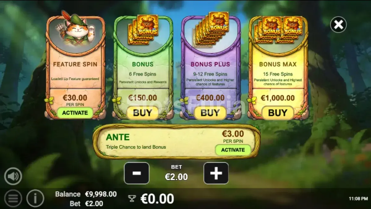 Opciones de compra de bonus disponibles en Prince of Purrwood