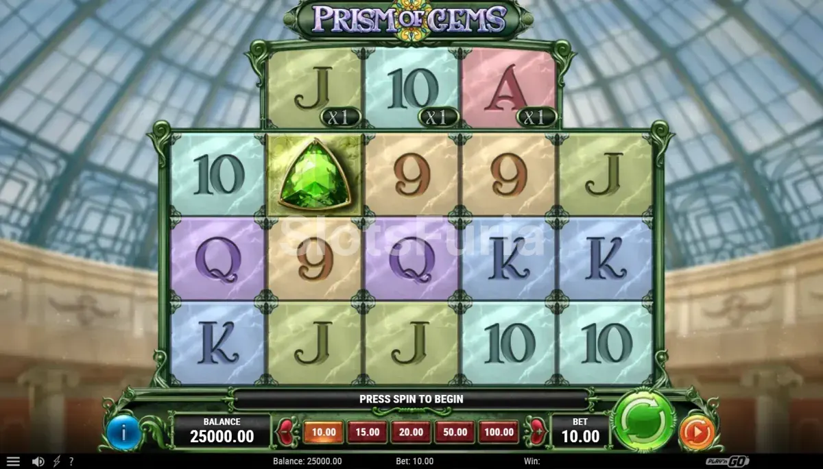 Pantalla principal del juego Prism of Gems con la cuadrícula de rodillos activa