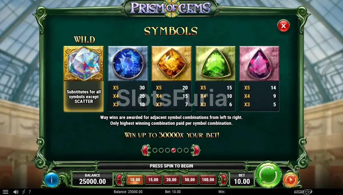 Tabla de pagos de Prism of Gems con los valores de los símbolos gema