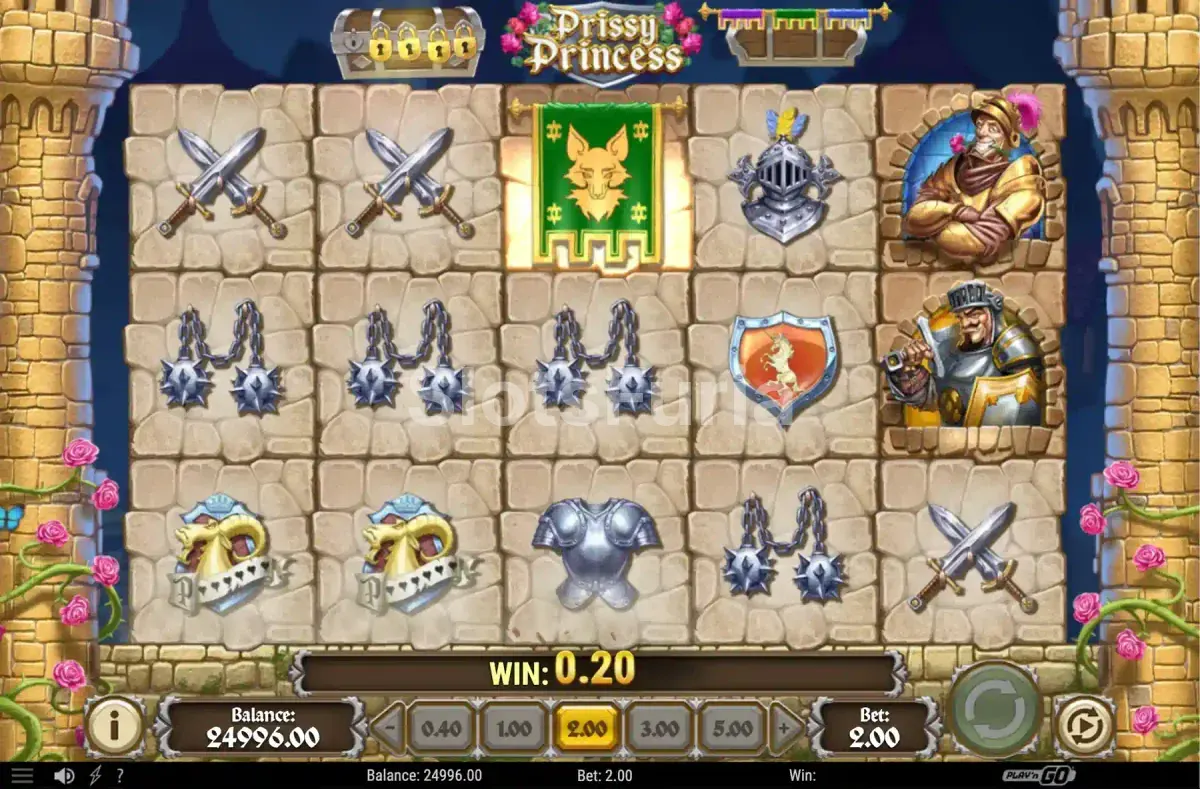 Segunda pantalla del juego base en Prissy Princess con símbolos activos