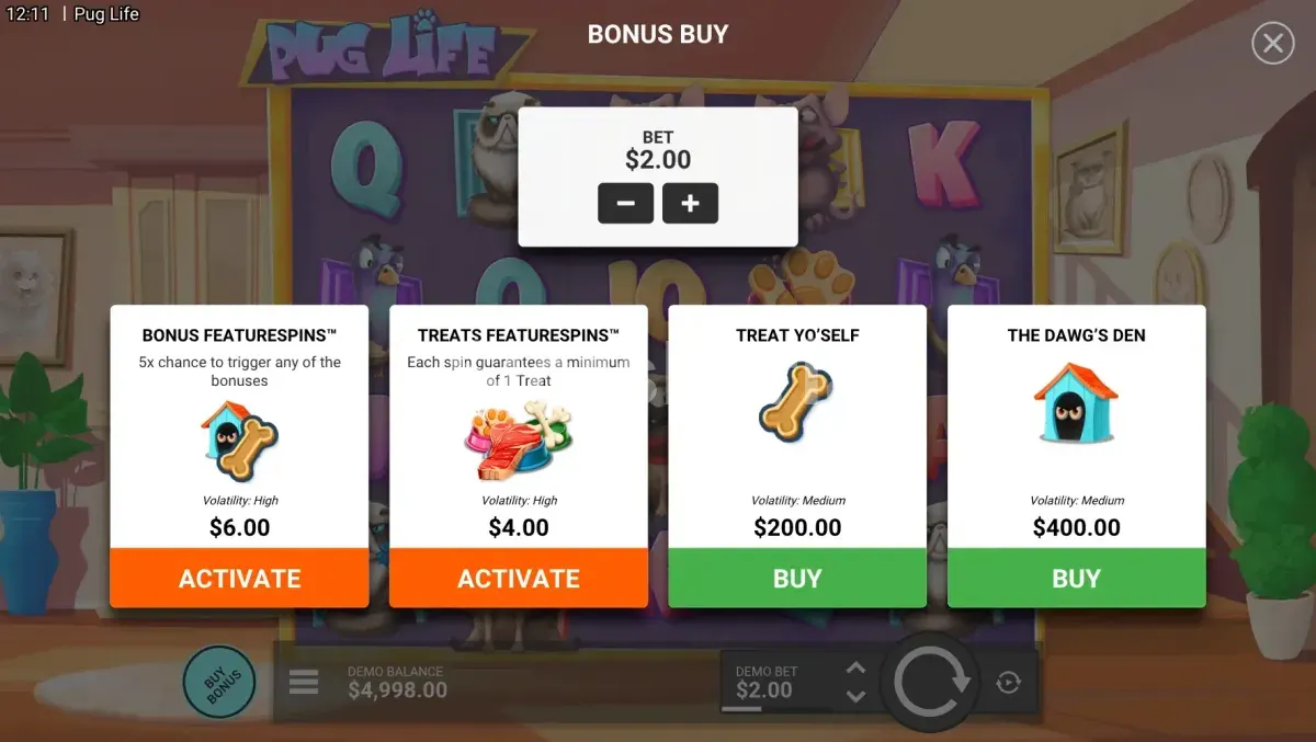 Opciones de compra de bonus en la slot Pug Life