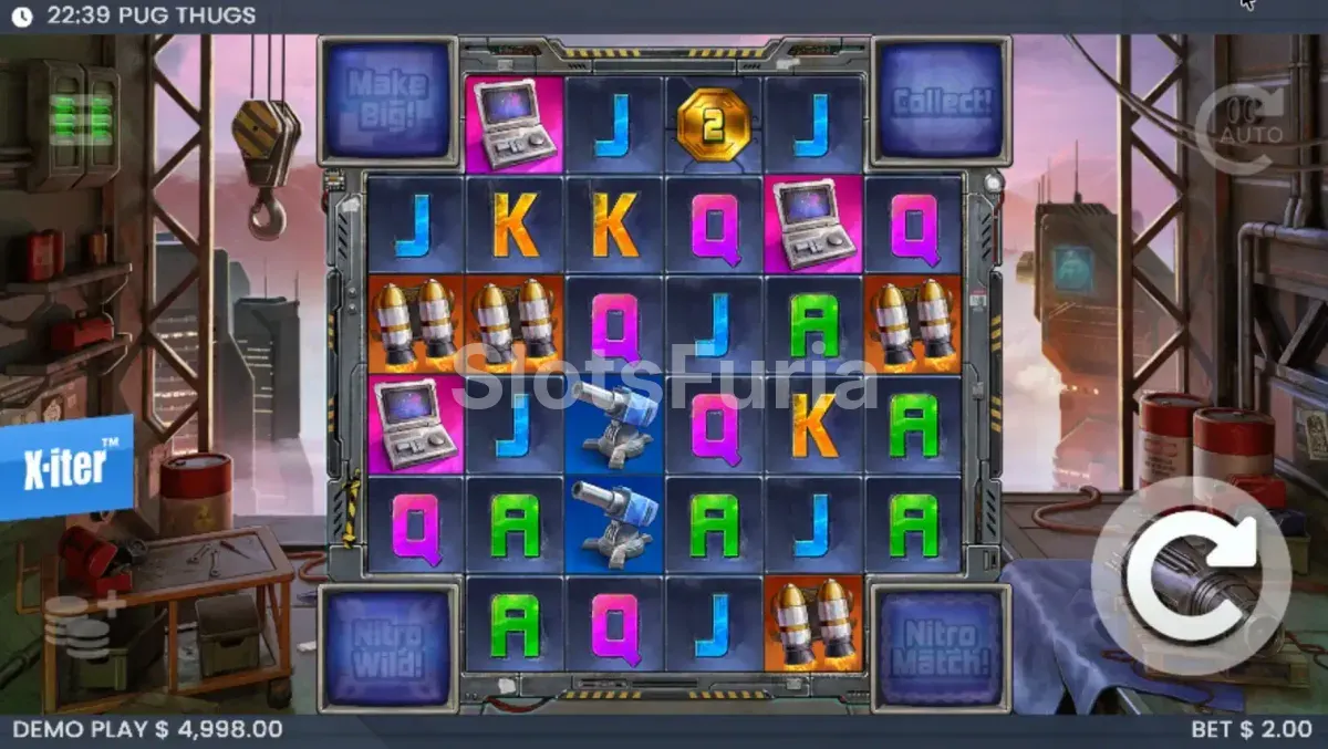 Juego base de Pug Thugs of Nitropolis con la cuadrícula flotante sobre la ciudad