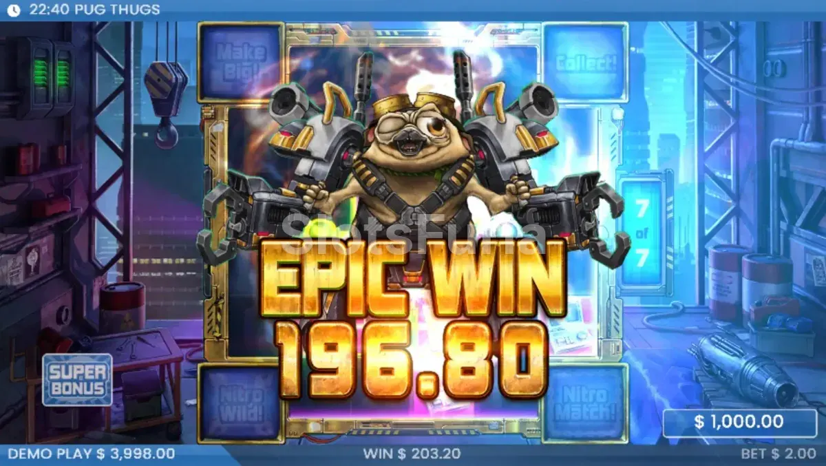 Gran victoria épica en Pug Thugs of Nitropolis durante los giros gratuitos