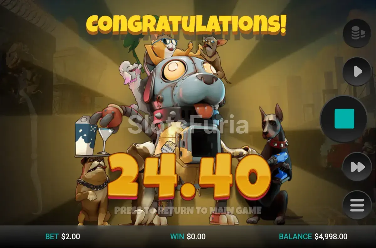 Pantalla de gran victoria en Purrrminator con multiplicador activo